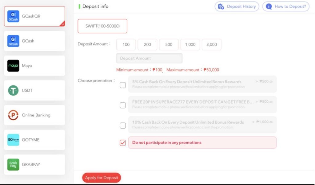 JD Extreme (JDX) Casino Deposit Page